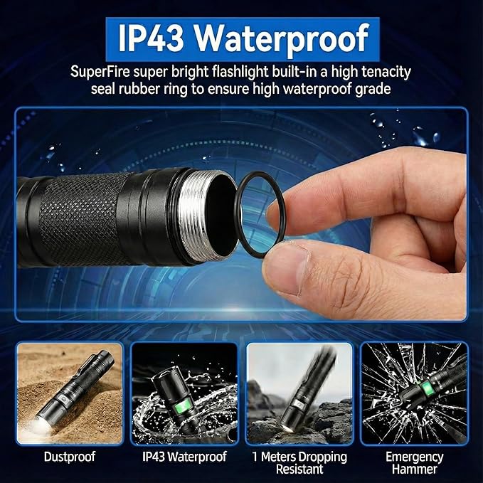 SuperFire 2-Pack 1000 Lumens Rechargeable Flashlights, USB-C Tactical LED Flashlight with Zoom, 4 Modes, Small Bright Waterproof Torch for Camping, Emergency, Everyday Carry