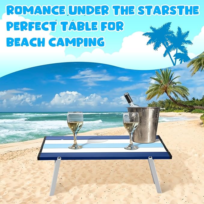 CroBlissful Beach Table Folding Camping Portable Table Striped White Aluminum Side with Carry Bag for Camping Picnics and Outdoor Activities(16x11x5 in,Navy Blue)