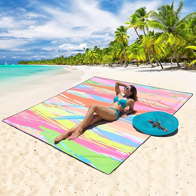 HIHOHO Beach Blanket Waterproof Sandproof Beach Mat for 1-8 Adults Quick Drying Durable Outdoor Picnic Mat for Beach Festival Travel Camping Hiking (Colorful Stick, 79"×83"(4 Person))
