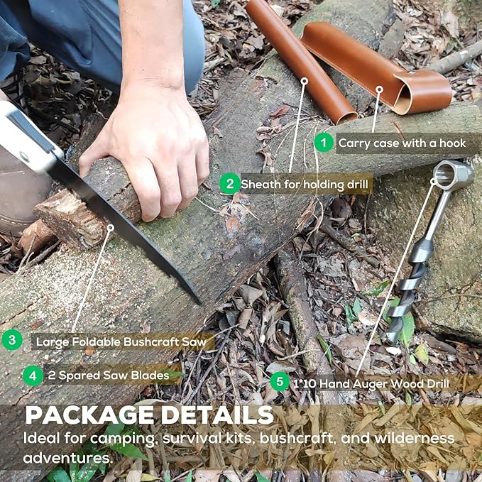 Hand Auger Wood Drill, Upgrade Welds Bushcraft Auger w/ Sharp Scottish Eye, Survival Tools for Bushcraft Projects/ Camping/Outdoors, 1*10inch Settlers Wrench & Folding Saw Kit, Bushcraft Gear