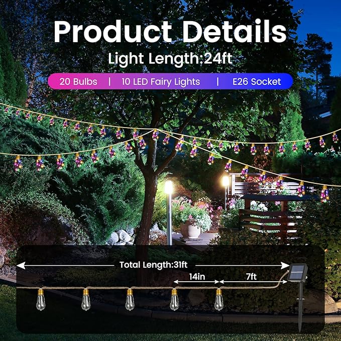 Solar String Lights Outdoor, 24FT Vintage Rope Hemp Solar String Lights for Outside with 20 Shatterproof Bulbs, Waterproof 8 Modes Solar Powered Patio Lights for Garden Fence Balcony Camping