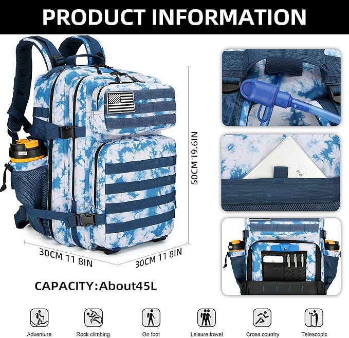 Lovelinks21 45L Tactical Assault Backpack 3 day assault pack with Molle Waterproof backpack Rucksack for Tactical Backpacks (Blue coral)