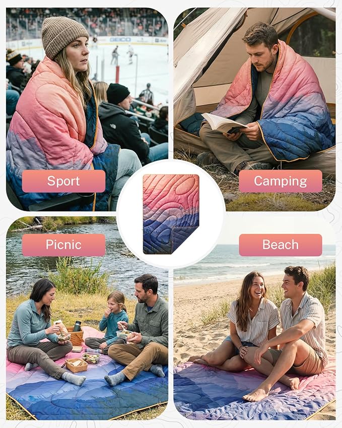 Gonex Camping Blanket with Aero-Warmth Breathable Layer - Puffy Printed Packable Blanket, Ultralight Wearable Water-Resistant Quilt, 79" X 55" for Camping, Beach, Hiking, Travel, Picnics(Sunset)