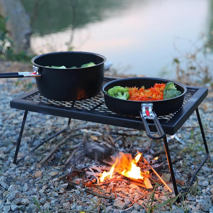 REDCAMP Camping Cookware Mess Kit with Folding Handle, Lightweight Non-Stick Camping Cooking Pot and Frying Pan with Mesh Bag for Outdoor Hiking Backpacking Picnic