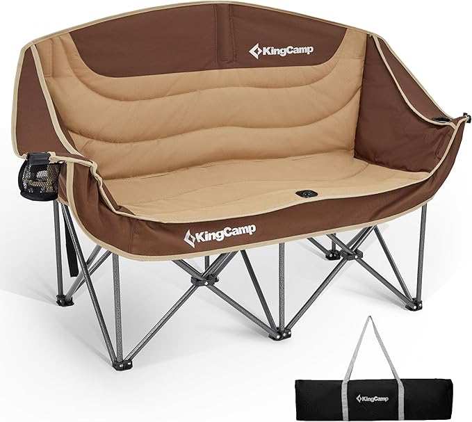 KingCamp Double Camping Chair, Oversized 880lbs Heavy Duty Loveseat for Adults Portable Folding XL 2 Person Couch Padded Comfortable Two Seat with Cup Holder for Outdoor Lawn Backyard, Khaki/Coffee