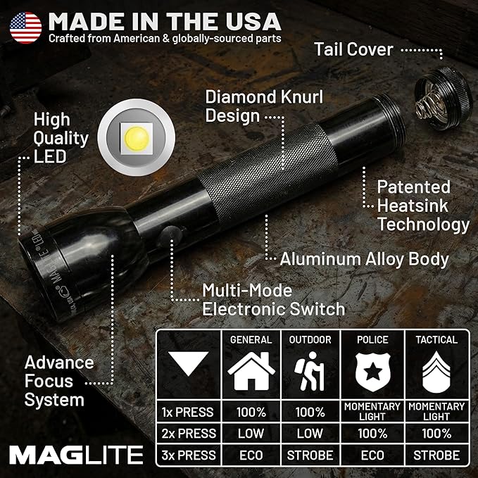 MagLite High Lumens LED Flashlight – ML300L 4-Cell D Flashlight with Adjustable Focus for Precise Beam, Long Battery Life, Water-Resistant for Emergency, Outdoor, and Camping – Black