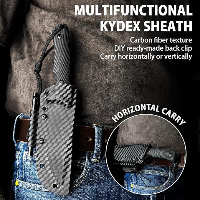 LOTHAR KA52 Fixed Blade Knife, Sharp D2 Steel Blade Survival Knives with Kydex Sheath, Hunting Knives with G10 Handle, Camping Bushcraft Knife for Outdoor, Camping Gifts For Men