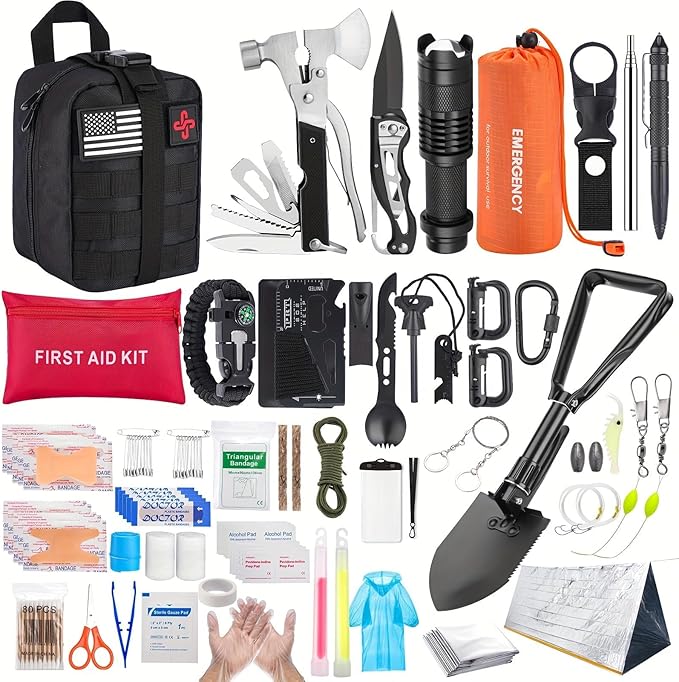 Survival Kit, 252Pcs Survival Gear First Aid Kit with Molle System Compatible Bag and Emergency Tent, Emergency Kit for Earthquake, Outdoor Adventure, Hiking, Hunting, Gifts for Men Women