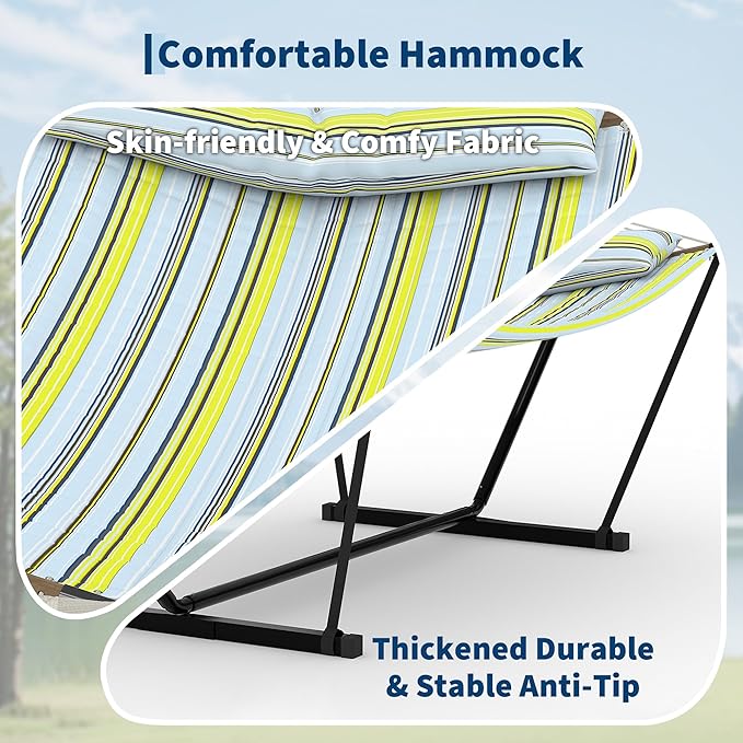 Garvee 2 Person Outdoor Hammock with Stand, Heavy Duty Portable Double Hammock with Balance Rope, MAX 450 LBS Capacity for Patio, Backyard, Garden, Beach