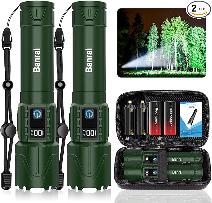 Rechargeable Tactical Flashlights 2000 High Lumens - 5000mAh Super Bright LED Powerful Flash Light, Waterproof Handheld USB C Flashlight for Home,Car,Camping,Emergencies,5 Modes,Zoomable (2, Green)