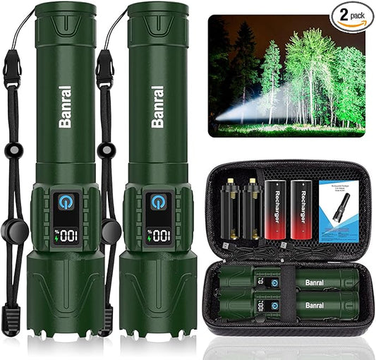 Rechargeable Tactical Flashlights 2000 High Lumens - 5000mAh Super Bright LED Powerful Flash Light, Waterproof Handheld USB C Flashlight for Home,Car,Camping,Emergencies,5 Modes,Zoomable (2, Green)
