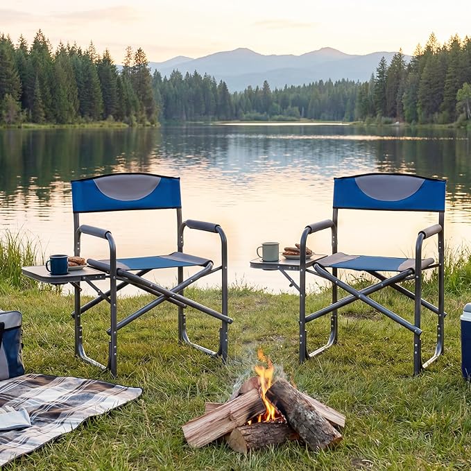 COSTWAY Folding Camping Chair, Lightweight Portable Directors Chair w/Side Table & Cup Holder, Padded Outdoor Heavy Duty Lawn Chair for Fishing, Picnic, Sports, Beach, Max Load 400 lbs (Blue,1)