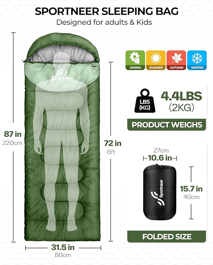 Sportneer Sleeping Bag for Adults & Kids, Cold Weather & Warm Waterproof Camping Sleeping Bag, Compact Portable for Camping Hiking & Travel