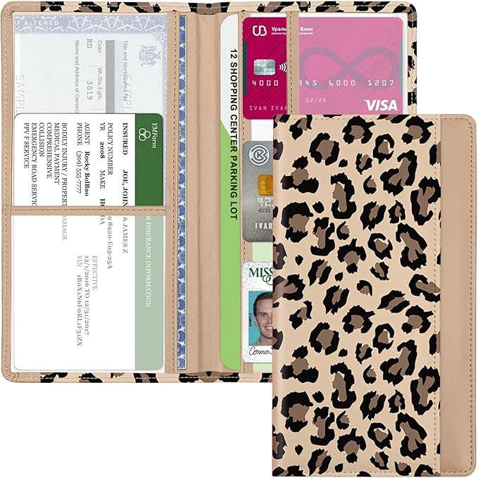 Car Registration and Insurance Holder, with Magnetic Closure for License, Cards and Documents, All Vehicle Needs and Car Accessories (Leopard-Yellow)