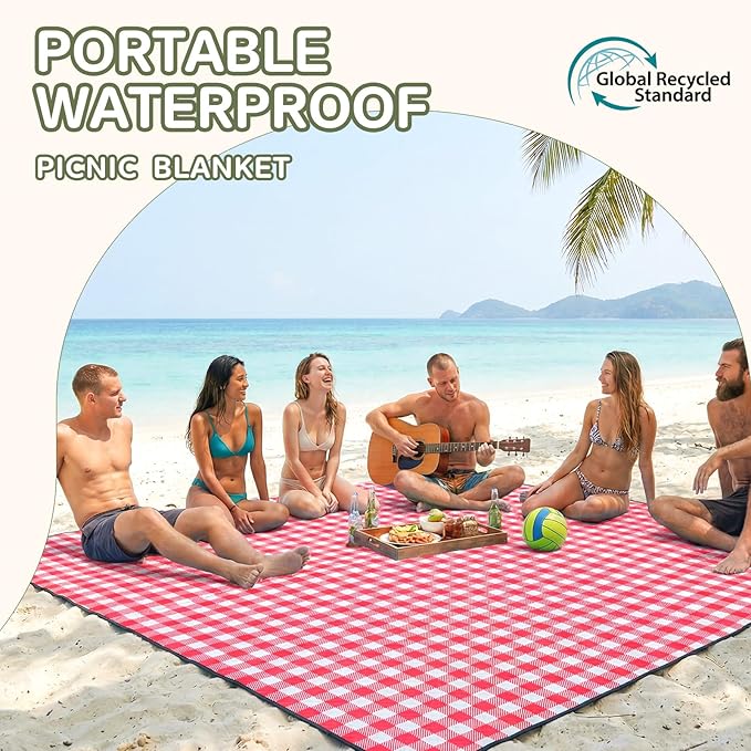 Genovega Waterproof Picnic Blanket Beach Outdoor Camping Mat Rug Extra Large Foldable Cute Big Travel Essential Accessories Gift Park Patio Lawn Garden Grass Ground Music Festival Must Have Checkered