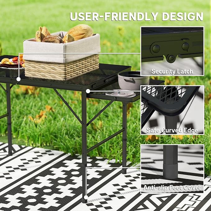 Outsunny Folding Grill Table, 4.5 ft Portable Camping Table with 2 Wing Panels, Height Adjustable Metal Outdoor Table with Mesh Desktop for Picnic, Beach, BBQ, Party, Black