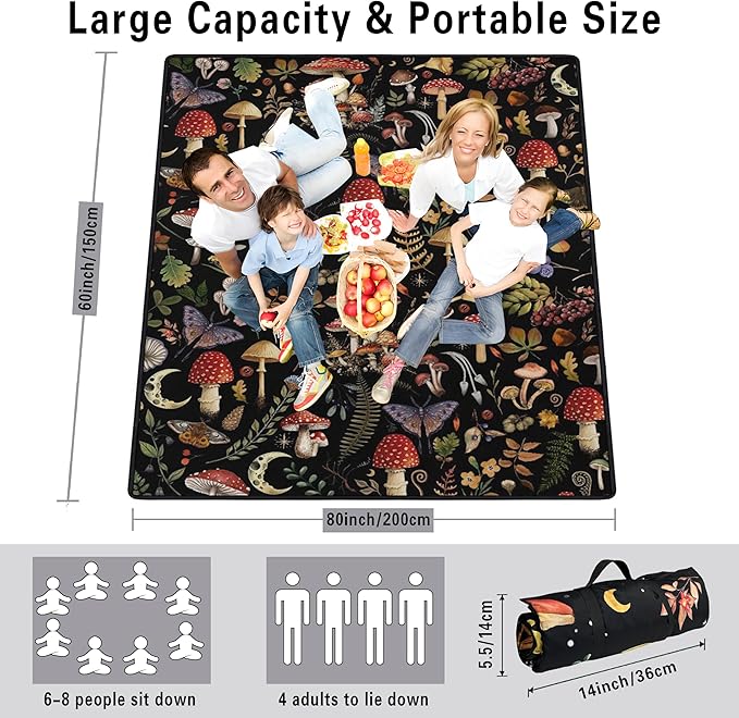 Supfitness Extra Large Picnic Blankets Waterproof Foldable (60"x 80") Mushroom Beach Blanket Waterproof Sandproof,3-Layer Thicking Mat Outdoor Packable Camping Blanket