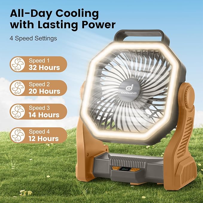 Odoland Rechargeable Camping Fan, 20000mAh Battery Fans with LED Lantern for Tent Car Beach Storm, Portable Light Desk Cooling Fan for Picnic Power Outage Hurricane, Brown