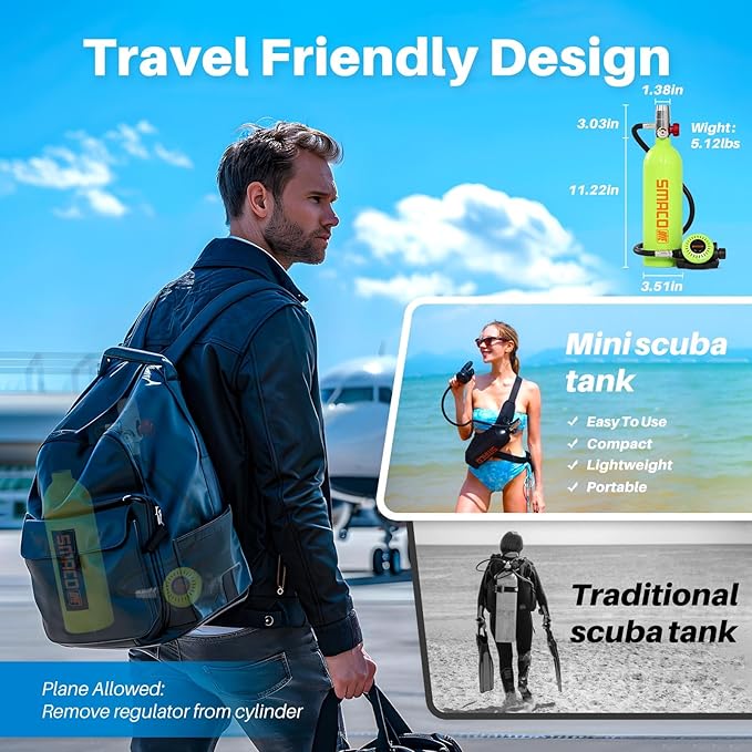SMACO Mini Scuba Tank 1L Small Diving Tank for Underwater Breathing Portable Lung Air Tank Diving Oxygen Cylinder Kit for Emergency Rescue Boat Cleaning Backup Air Source Pony Bottle S400