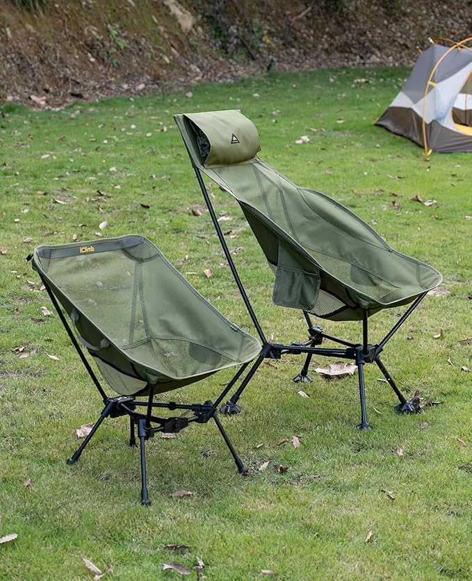 iClimb Ultralight Compact Camping Folding Beach Chair with Anti-Sinking Large Feet (Green - Triangular Frame High Back - 2PC)