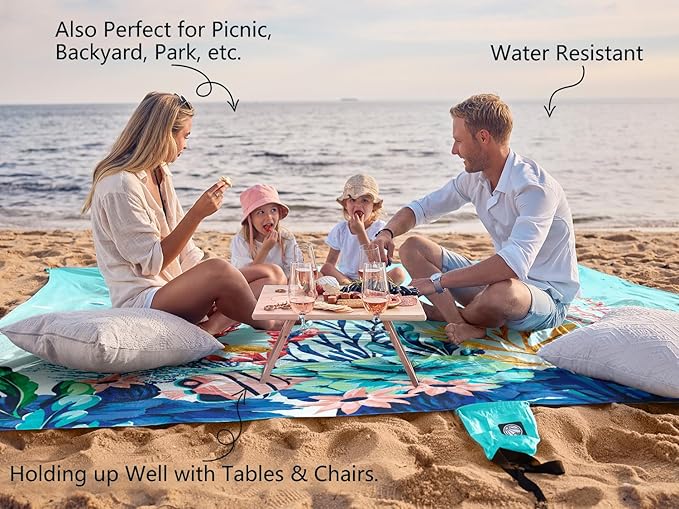 WEKAPO Beach Blanket Waterproof Sandproof Oversized, Extra Large Beach Mat Sand Free, Lightweight & Compact Sand Free Mat with 5 Stakes & 4 Corner Pockets
