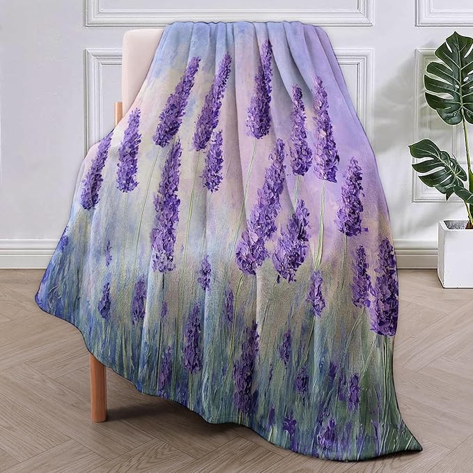 Lavender Fields Flannel Blanket, Floral Gifts, Lavender-Themed Blanket for Women, Soft Lightweight Throw Blankets for Bed Home Travel Decor 40" x 50"