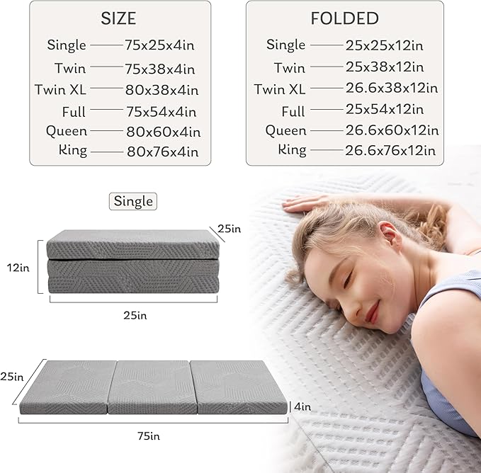 MLILY Tri-Fold Memory Foam Mattress Topper, 4 inch Full Folding Mattress with Collapsible and Washable Cover, Travel and Guest Mat, 75"×54"×4", Grey