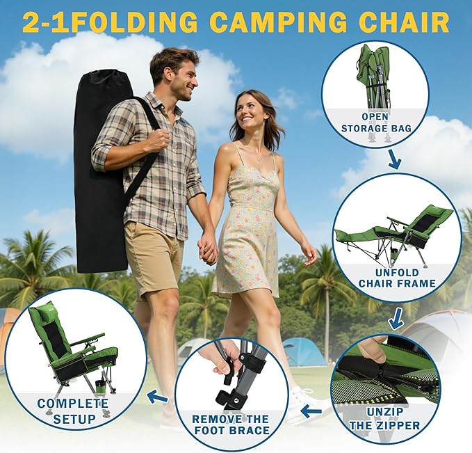 Folding Camping Chair for adults-3-in-1 Heavy Duty Foldable Camp Chair with Detachable Footstool, Padded Pillow, Cup Holder & Carry Bag,5-Speed Adjustable,400 LBS Capacity