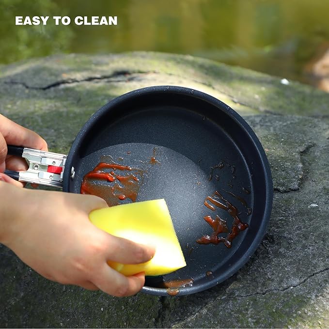 REDCAMP Camping Cookware Mess Kit with Folding Handle, Lightweight Non-Stick Camping Cooking Pot and Frying Pan with Mesh Bag for Outdoor Hiking Backpacking Picnic