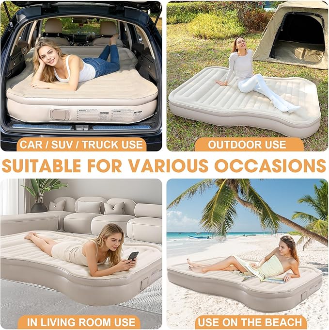 KMZ SUV Air Mattress with Built-in Pump & 2 Pillows, Thickened Flocked PVC, Quick 90-Seconds Inflation Air Bed, Portable & Durable Car Air Bed for Camping, Travel, Truck (Khaki)