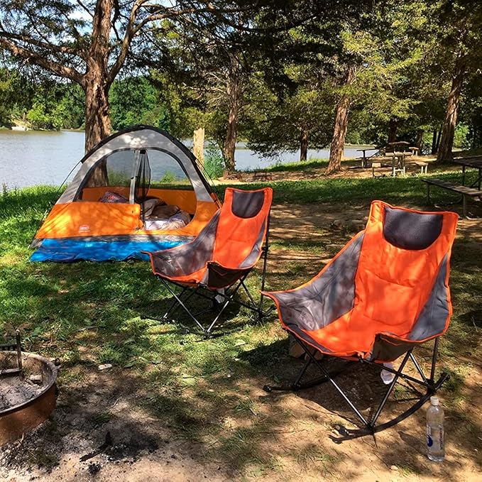 SUNNYFEEL Oversized Rocking Camping Chair, Fully Padded Patio Chair with Side Pocket, High Back Portable Lawn Recliner with Headrest, Outdoor Camp Rocker Chairs for Adults Heavy Duty 500 LBS Carry Bag