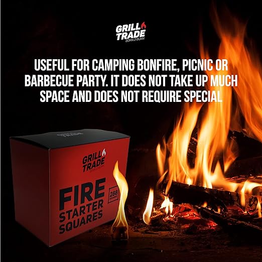 Grill Trade Fire Starters for Wood Stove, Fireplace, Campfires, Grill, Fire Pit, Barbeque - 288 Pieces Indoor Outdoor Starter Squares