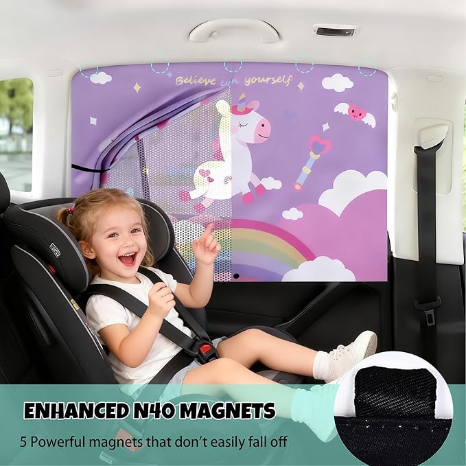 Car Window Shade for Baby, 2 Pack Magnetic Double Layer Cute Unicorn Car Shades for Side Windows, Adjustable Privacy Blackout/See-Through Window Curtains for Baby Kids UV Protection