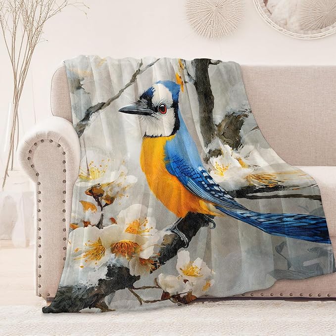 Cute Bird Flower Blanket, Cozy Flannel Floral and Songbird Illustration Blankets, All Season Soft Throw for Travel Home Decor, Lightweight Sofa Bed Throws, Gifts for Girls Boys Kids, 50"×60"