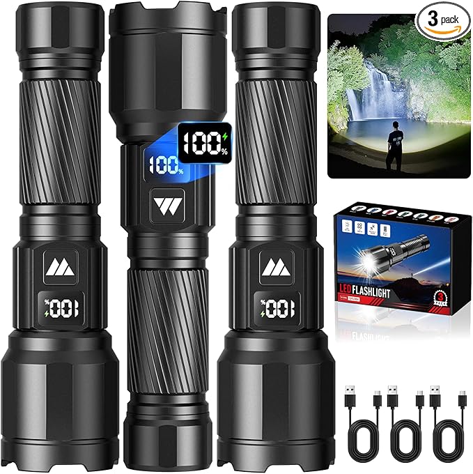 3 Pack Rechargeable Flashlights High Lumens, Super Bright LED Tactical Flashlight with LCD Power Display, Zoomable Flashlights 15H+ Runtime, IP65 Waterproof Flashlights for Home Emergency Camping