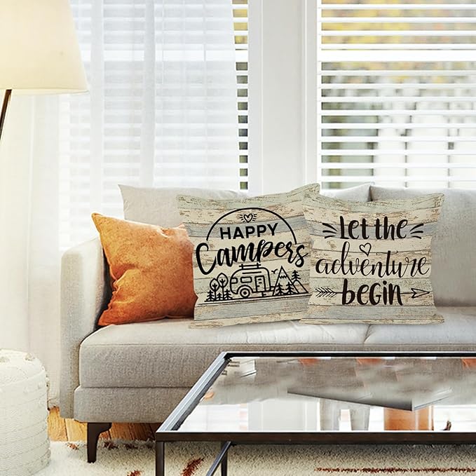Camping-Themed Decorative Throw Pillow Covers, 2 x 18" x 18" Beige Cotton Linen Blend, Rustic Letter Print, Perfect for Home Decor, Camping, Camper Gifts