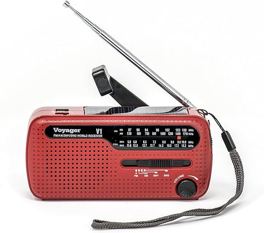 Kaito V1 Voyager Solar/Dynamo AM/FM/SW Emergency Radio with Cell Phone Charger and 3-LED Flashlight, Red