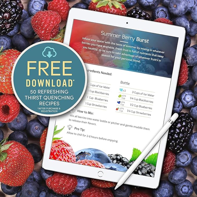 Infusion Pro 32 oz Fruit Infuser Water Bottle with Straw Lid : Insulated Sleeve : 50 Recipe Fruit Infusion eBook : Bottom Loading, Large Water Infuser for More Flavor : Unique Gift Idea