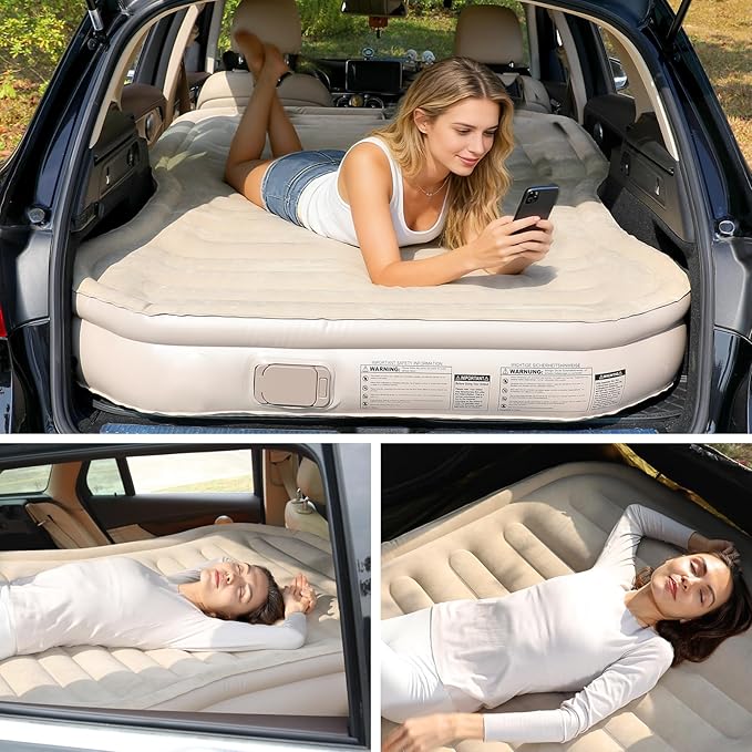 KMZ SUV Air Mattress with Built-in Pump & 2 Pillows, Thickened Flocked PVC, Quick 90-Seconds Inflation Air Bed, Portable & Durable Car Air Bed for Camping, Travel, Truck (Khaki)