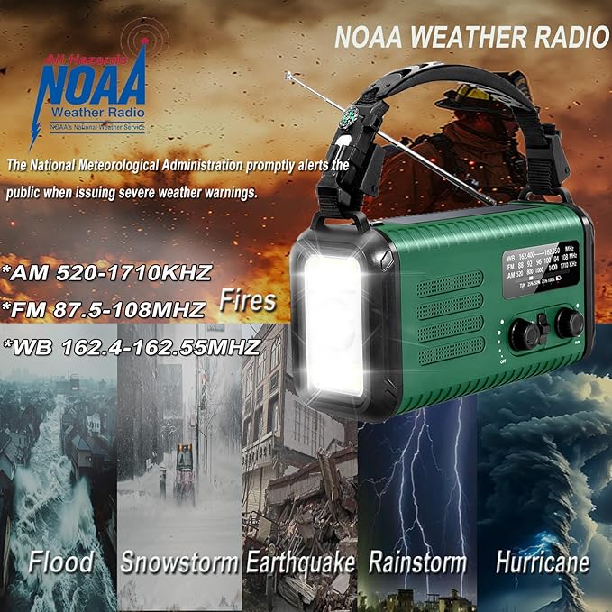 Emergency Hand Crank Radio, NOAA Weather Radio, 20000mAh Rechargeable Solar AM/FM Radio, Portable USB-C Fast Charger, Flashlight, Reading Lamp SOS Alarm for Hurricane Storm Camping Hiking (Green)