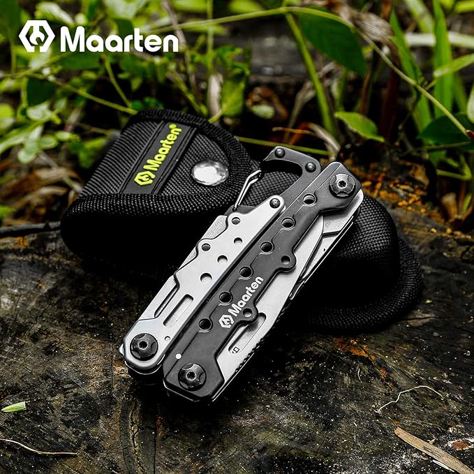 Maarten Lightweight Multitool Pliers, 11 in 1 Suspension Multi-Plier with Carabiner, Stainless Steel Portable Pocket Keychain Multi tool with Spring Pliers, Folding Saw, Bottle Opener and Sheath