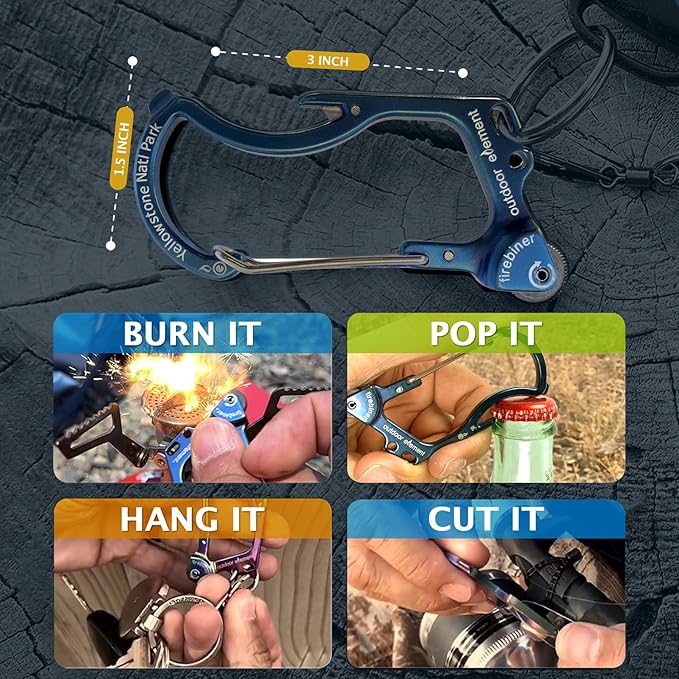 OUTDOOR ELEMENT Firebiner Custom Engraved 6-in-1 Fire Starter Carabiner Multitool – Survival Gear EDC Keychain with Utility Blade, Bottle Opener, Screwdriver, Emergency Tool