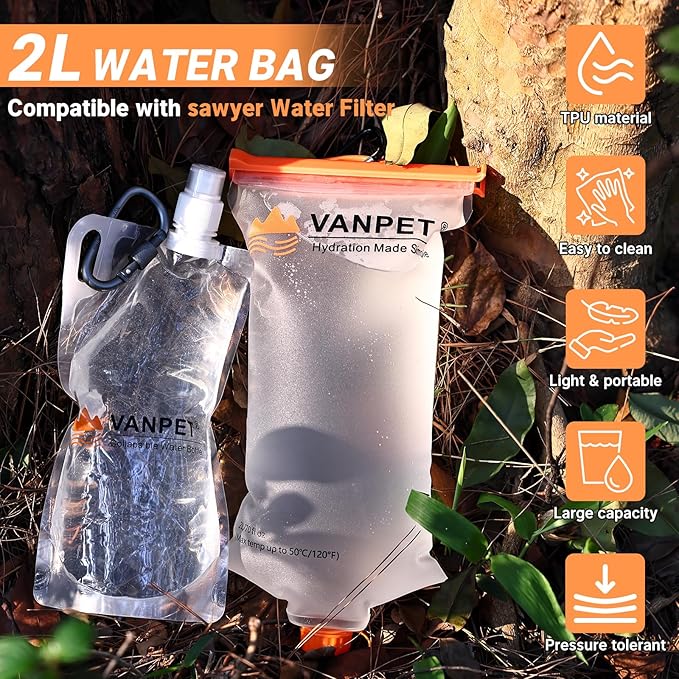 VANPET 2L&1L Water Bag Compatible with Sawyer Squeeze Water Filter, Durable TPU Material, BPA & PVC Free Squeeze Pouch, Collapsible Hydration Canteens for Camping Hiking Cycling