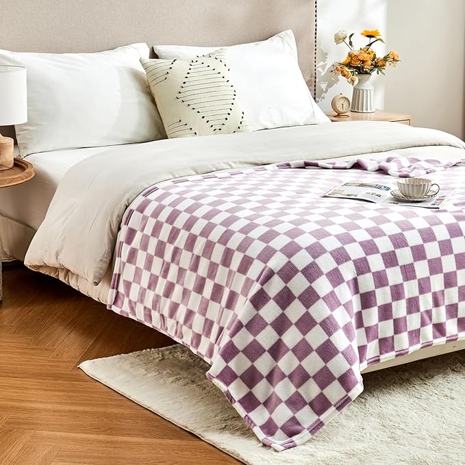 Edenleaf Checkered Blanket Flannel Throw Blankets Soft Cozy Checkered Grid Print Chessboard Gingham Pattern Throws for Bed Sofa Couch for All Seasons, 60x80 Inch, Purple