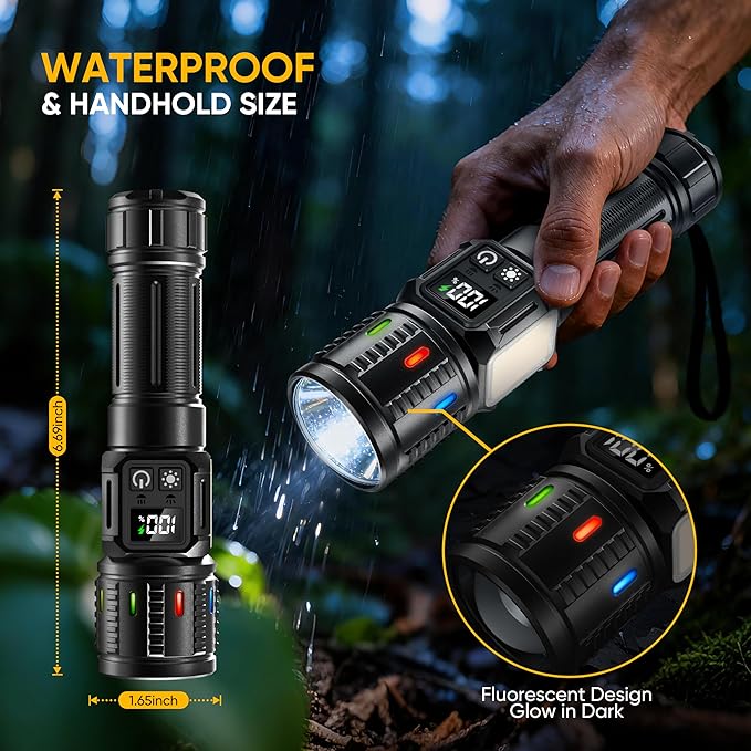 Rechargeable Flashlights High Lumens 100,000, Super Bright LED Flash Light Long Lasting USB C LCD Display, Dual Light Source & Buttons with Red Light, for Camping Hiking Emergency Home Gift