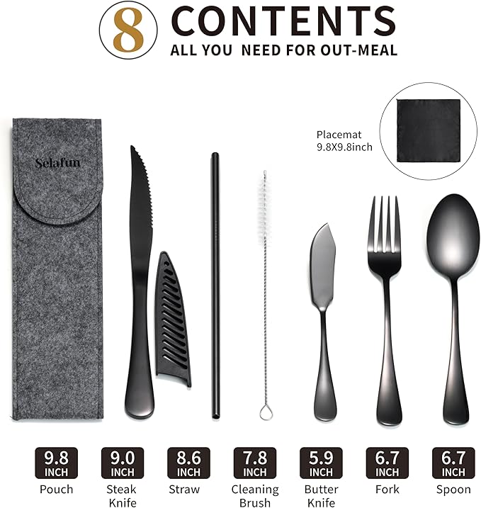 Travel Utensils with Case, Portable Travel Silverware Set Stainless Steel Lunch Box Cutlery Set for Work, Camping, Picnic, Hiking, Office (Black)