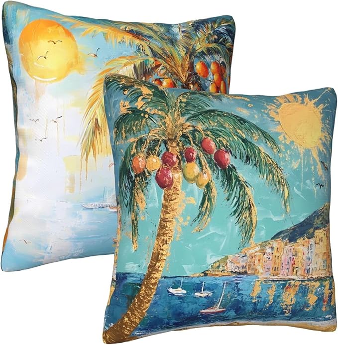 Tropical Palm Tree Art Throw Pillow Covers 18x18 inch Set of 2 Sunshine Pillow Case Cushion Cover for Home Sofa Couch Living Room Car Decor