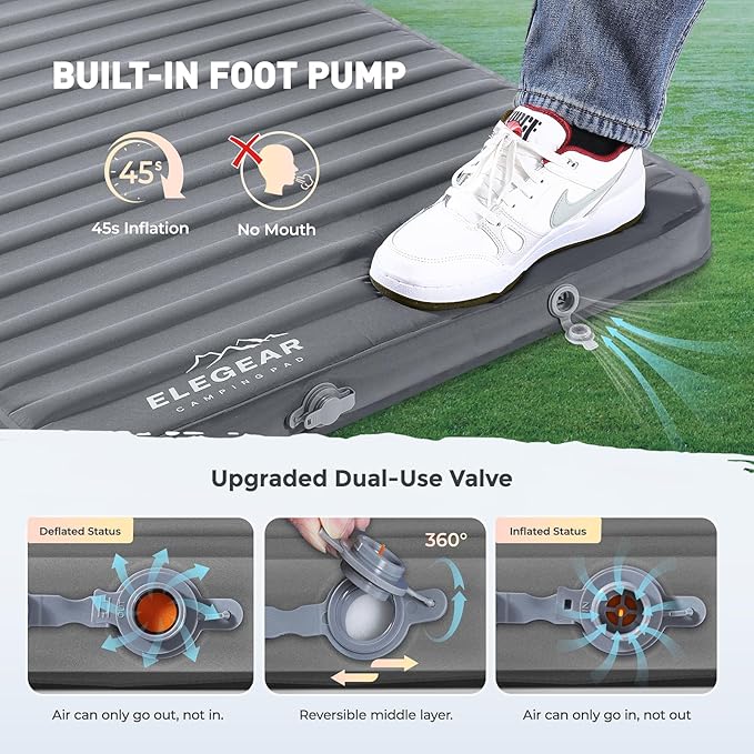 Elegear CumbreX™ Air & Foam Camping Sleeping Pad, HexaFoam Camping Mattress Pad with Built-in Foot Pump Memory Foam Camp Pad 4-Season R-Value 9.5 Camp Sleeping Mat for Travel/Car/Tent, Light Gray