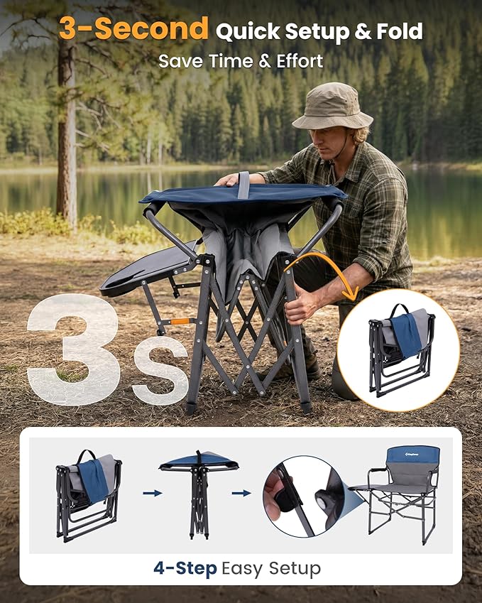 KingCamp Oversized Camping Directors Chair with Side Table, Compact Design Heavy Duty 440lbs, Folding Portable Padded Camp Chairs with Extra Wide Seat & Anti-Sag Fabric for Outdoor Fishing Sports Lawn