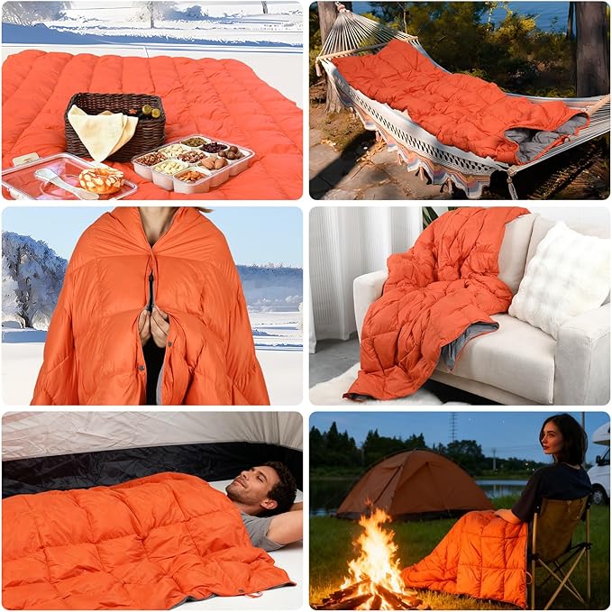 Down Camping Blanket - Lightweight, Packable, Warm & Puffy Outdoor Travel Quilt for Sleep, Hiking, Backpacking, Stadium, Festivals, Water-Resistant Sleeping Bag 55"x79"